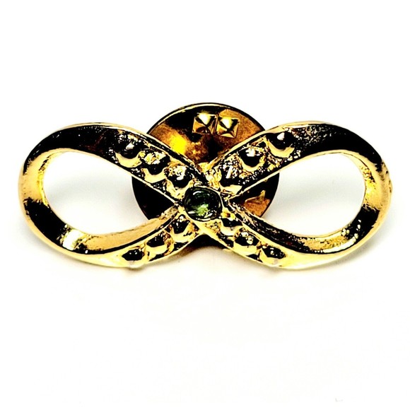 HATTIE CARNEGIE Infinity Brooch Gold GP Green Rhinestone PIN VALENTINE PRISTINE! - Picture 2 of 8